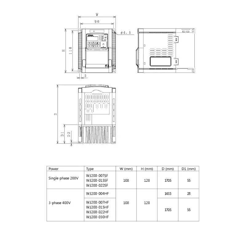 HITACHI, měnič frekvence 1.5kW, typ WJ200-015HFE, napájení 3 fáze, IP20