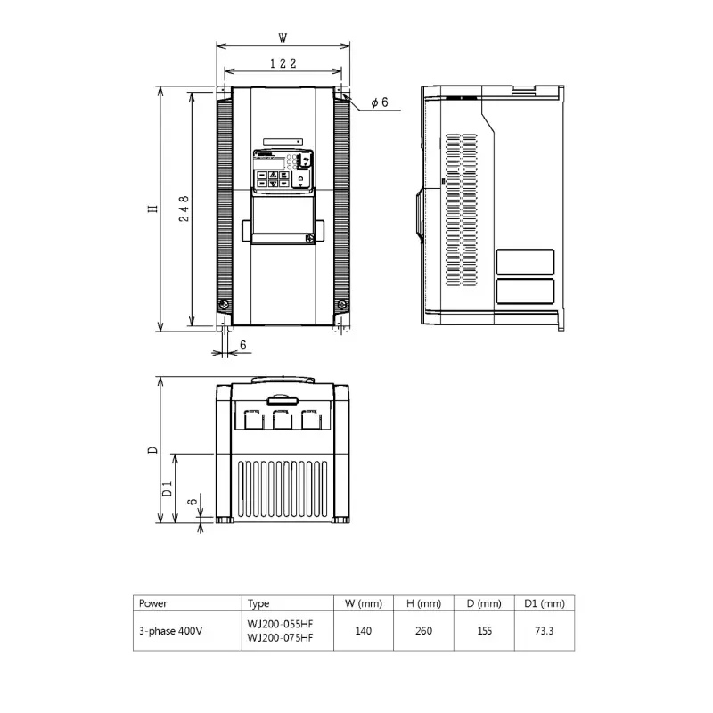 HITACHI, měnič frekvence 5.5kW, typ WJ200-055HFE, napájení 3 fáze, IP20