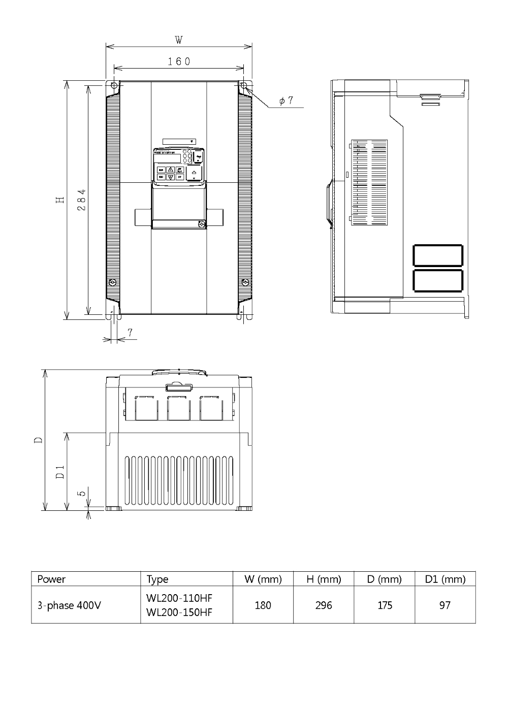 HITACHI, měnič frekvence 15.0kW, typ WJ200-150HFE, napájení 3 fáze, IP20