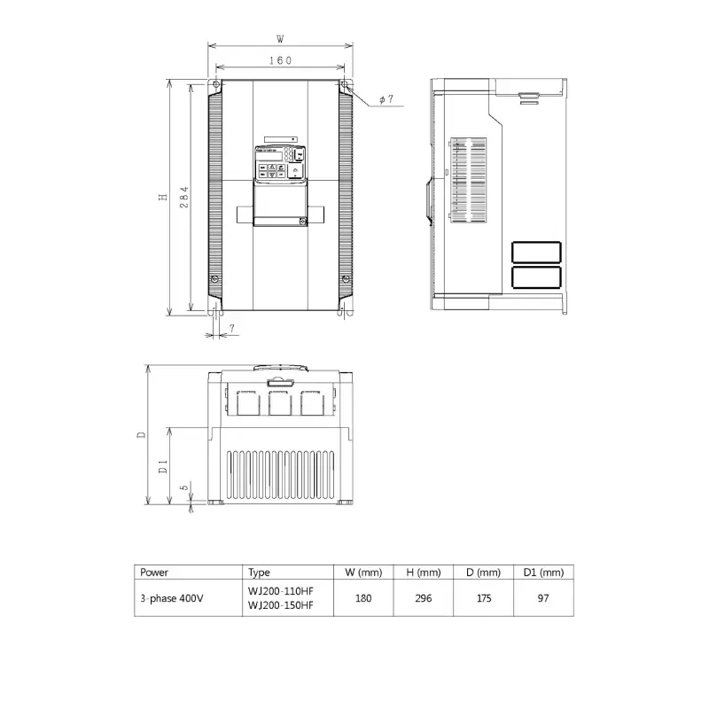 HITACHI, měnič frekvence 15.0kW, typ WJ200-150HFE, napájení 3 fáze, IP20