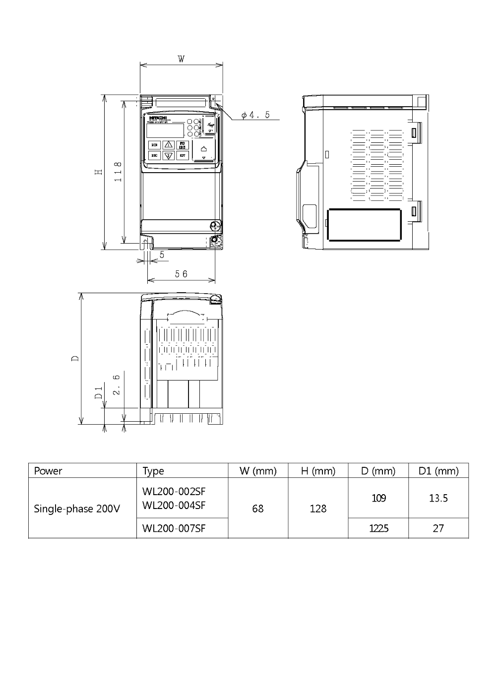HITACHI, měnič frekvence 0.4kW, typ WL200-004SFE, napájení 1 fáze, IP20