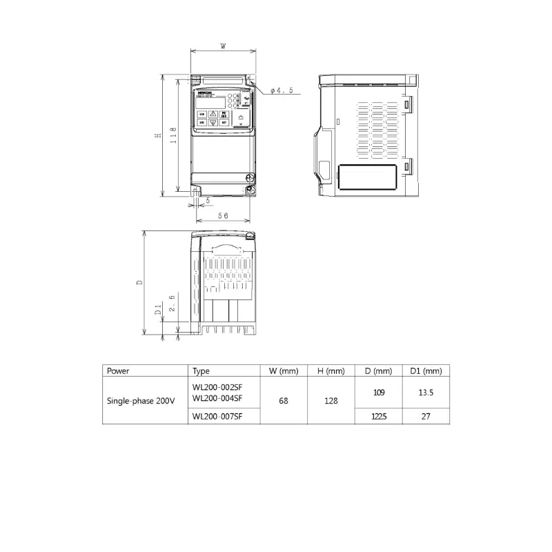 HITACHI, měnič frekvence 0.4kW, typ WL200-004SFE, napájení 1 fáze, IP20