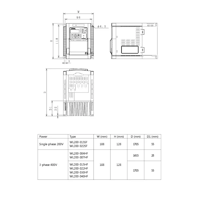 HITACHI, měnič frekvence 1.5kW, typ WL200-015SFE, napájení 1 fáze, IP20