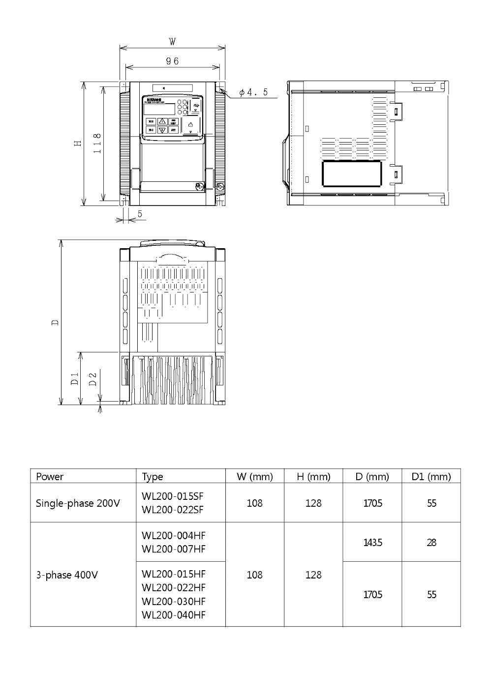 HITACHI, měnič frekvence 0.4kW, typ WL200-004HFE, napájení 3 fáze, IP20