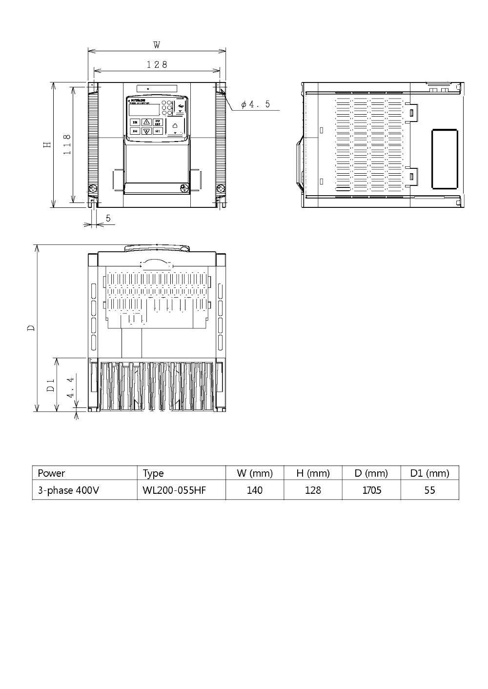 HITACHI, měnič frekvence 5.5kW, typ WL200-055HFE, napájení 3 fáze, IP20