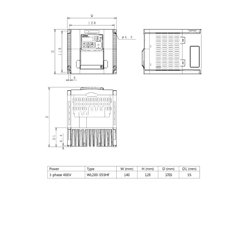 HITACHI, měnič frekvence 5.5kW, typ WL200-055HFE, napájení 3 fáze, IP20