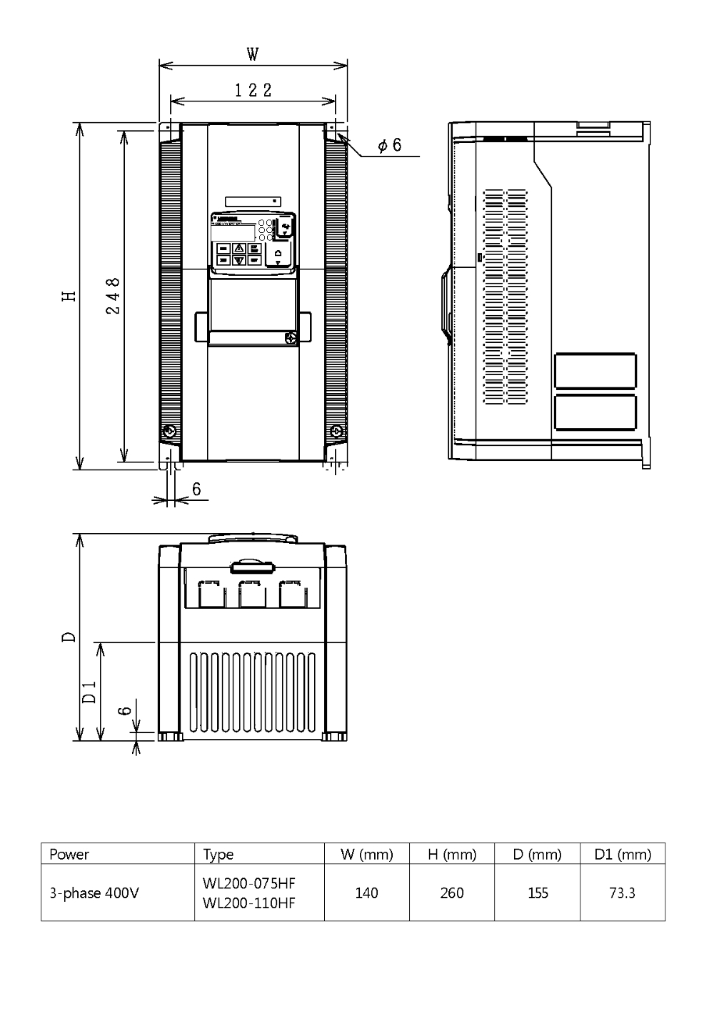 HITACHI, měnič frekvence 7.5kW, typ WL200-075HFE, napájení 3 fáze, IP20