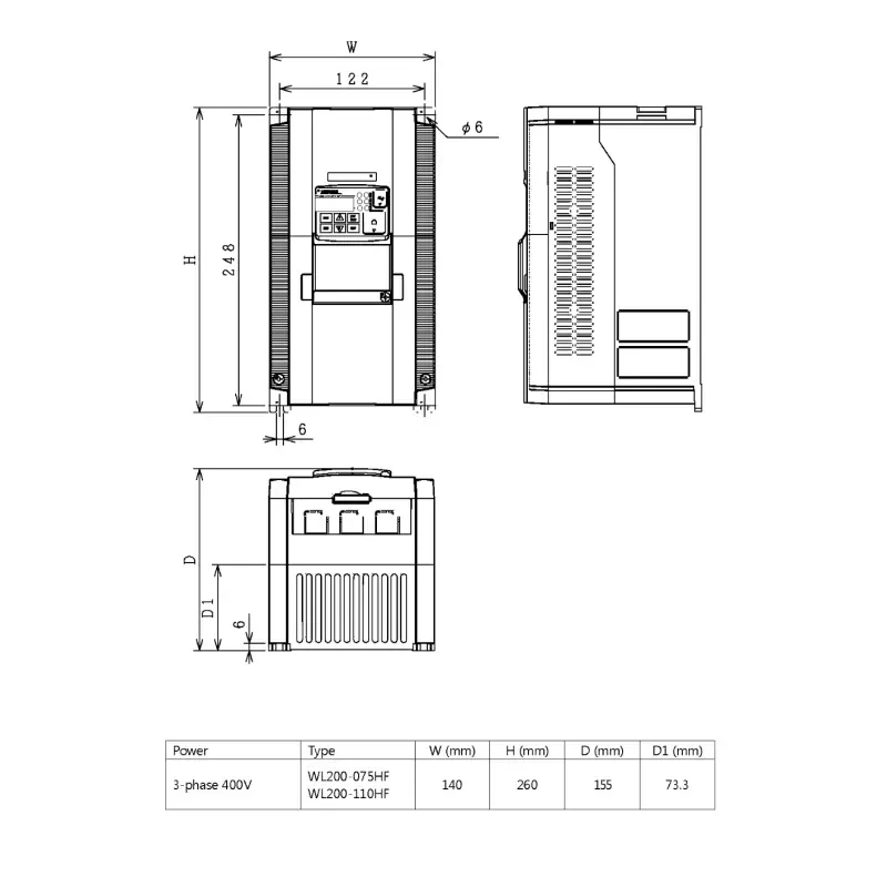 HITACHI, měnič frekvence 7.5kW, typ WL200-075HFE, napájení 3 fáze, IP20