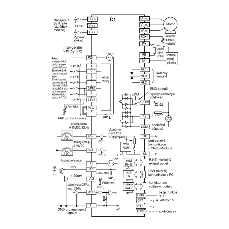 HITACHI, měnič frekvence 0.75kW, typ C1-007HFE, napájení 3 fáze, IP20